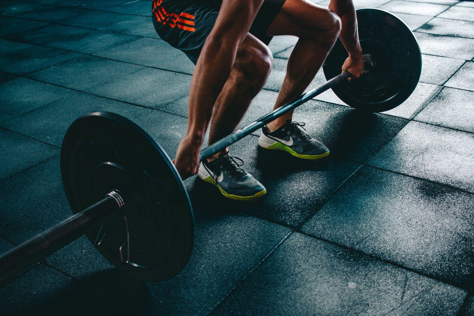 A barbell on a gym floor